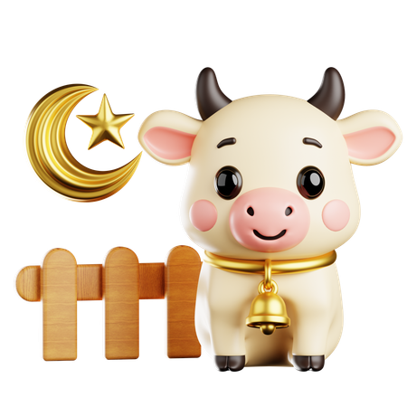 Eid Al Adha Cow With Cresent Moon  3D Illustration