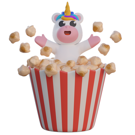 Einhorn auf Popcornbecher  3D Illustration