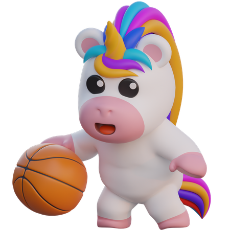 Einhorn dribbelt einen Basketball  3D Illustration