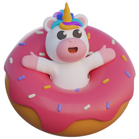 Einhorn entspannt auf einem riesigen Donut  3D Illustration