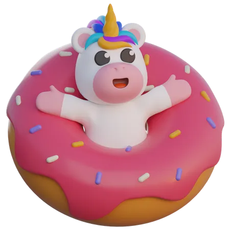 Einhorn entspannt auf einem riesigen Donut  3D Illustration