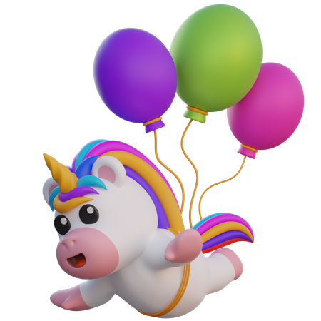 Einhorn fliegt mit Luftballons  3D Illustration