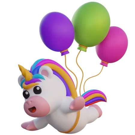 Einhorn fliegt mit Luftballons  3D Illustration