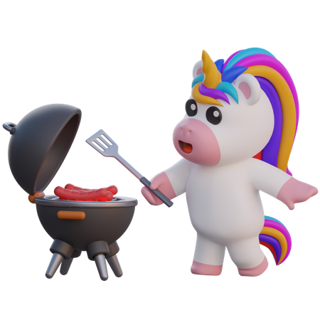 Einhorn grillt Würstchen  3D Illustration