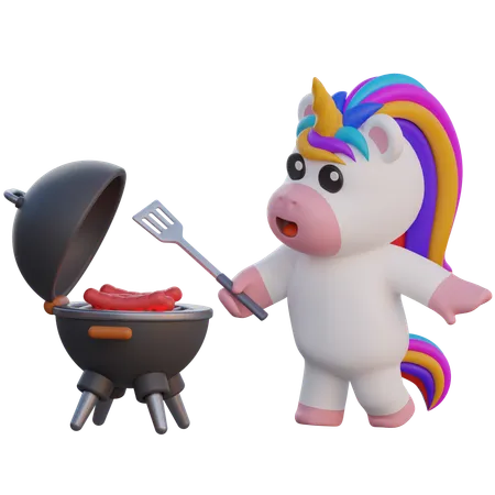 Einhorn grillt Würstchen  3D Illustration