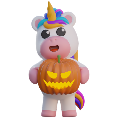 Einhorn hält Kürbiskopf Halloween  3D Illustration