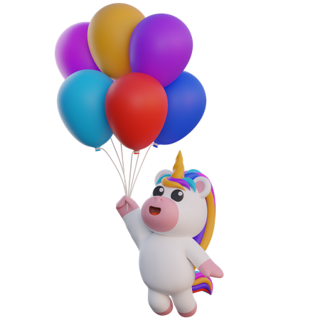 Einhorn hält Luftballons  3D Illustration