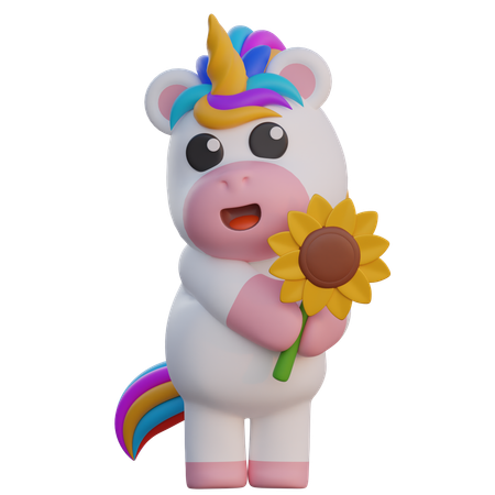 Einhorn hält Sonnenblume  3D Illustration