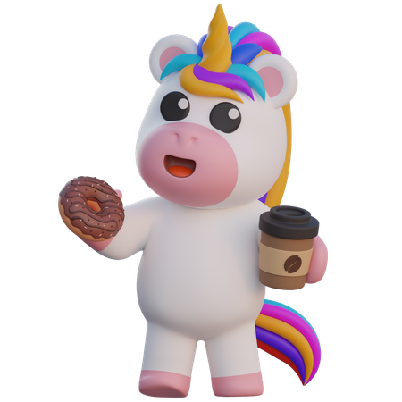 Einhorn, das Donut isst und Kaffee trinkt  3D Illustration