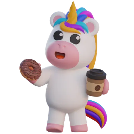 Einhorn, das Donut isst und Kaffee trinkt  3D Illustration