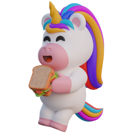 Einhorn, das ein Sandwich isst  3D Illustration