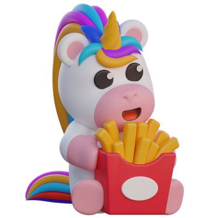 Einhorn isst Pommes Frites  3D Illustration