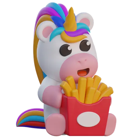 Einhorn isst Pommes Frites  3D Illustration