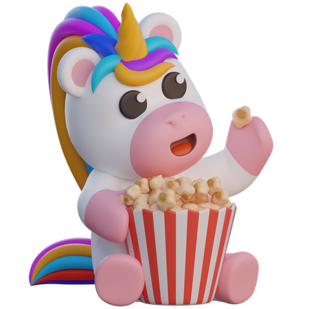 Einhorn isst Popcorn  3D Illustration