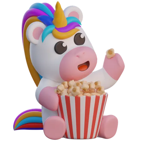 Einhorn isst Popcorn  3D Illustration