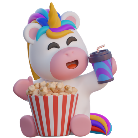 Einhorn isst Popcorn und trinkt Limonade  3D Illustration