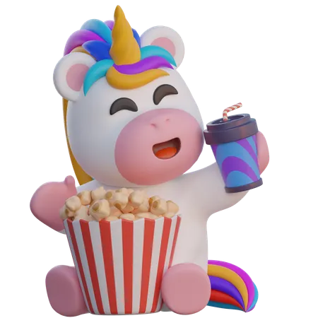 Einhorn isst Popcorn und trinkt Limonade  3D Illustration