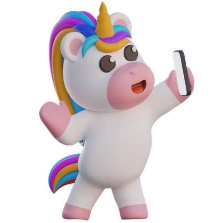 Einhorn macht Selfie mit Smartphone  3D Illustration