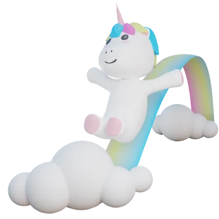 Einhorn reitet auf dem Regenbogen  3D Illustration