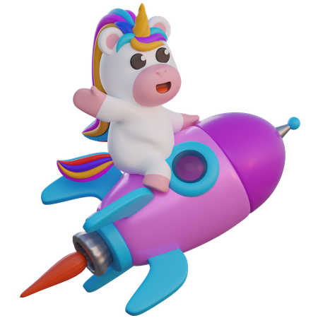 Einhorn reitet auf einer Rakete  3D Illustration