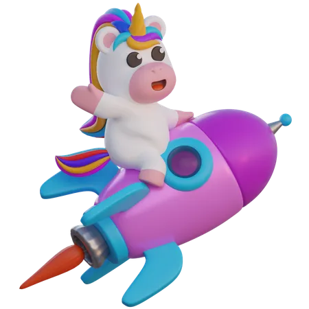 Einhorn reitet auf einer Rakete  3D Illustration