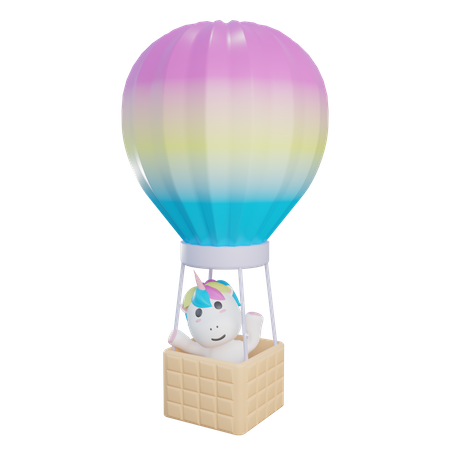 Einhorn reitet im Heißluftballon  3D Illustration