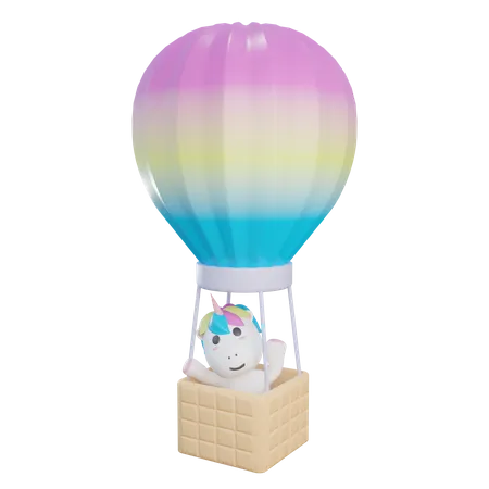 Einhorn reitet im Heißluftballon  3D Illustration