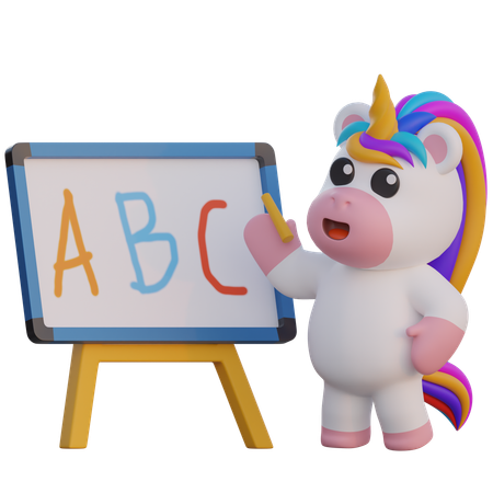 Einhorn schreiben auf dem Whiteboard  3D Illustration