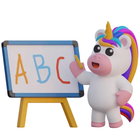 Einhorn schreiben auf dem Whiteboard  3D Illustration