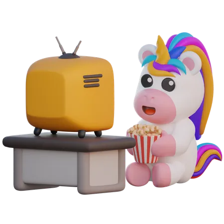 Einhorn sieht fern und isst Popcorn  3D Illustration