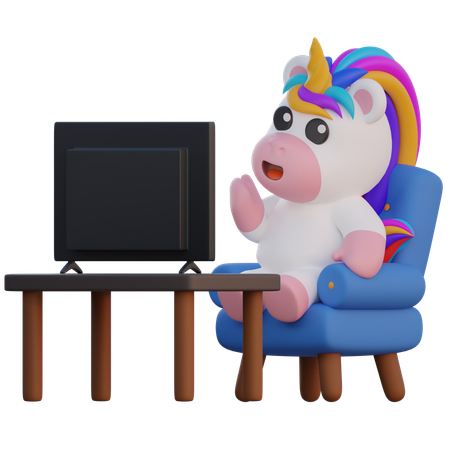 Einhorn vor dem Fernseher  3D Illustration