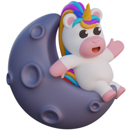 Einhorn sitzt auf dem Mond  3D Illustration