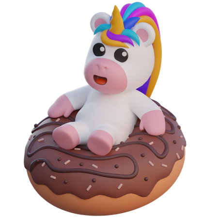 Einhorn sitzt auf einem riesigen Donut  3D Illustration