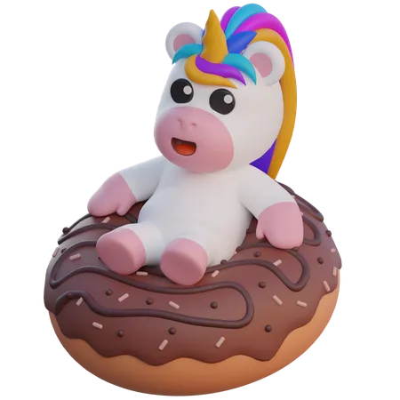 Einhorn sitzt auf einem riesigen Donut  3D Illustration