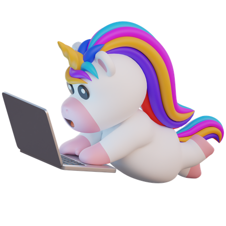 Einhorn tippt auf Laptop  3D Illustration