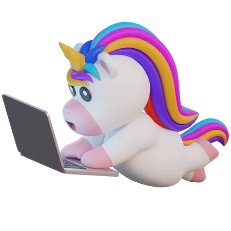 Einhorn tippt auf Laptop  3D Illustration