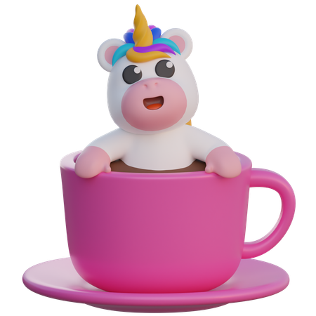 Einhorn, das eine Kaffeetasse einweicht  3D Illustration