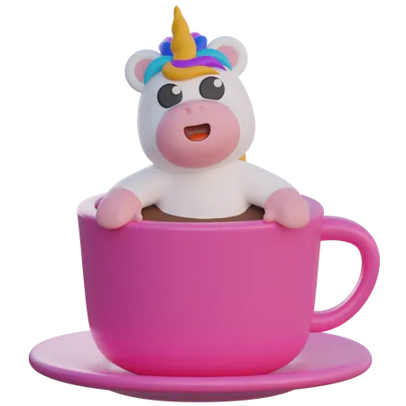 Einhorn, das eine Kaffeetasse einweicht  3D Illustration