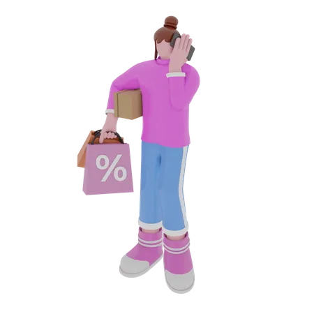 Einkaufen Frau spricht am Telefon  3D Illustration