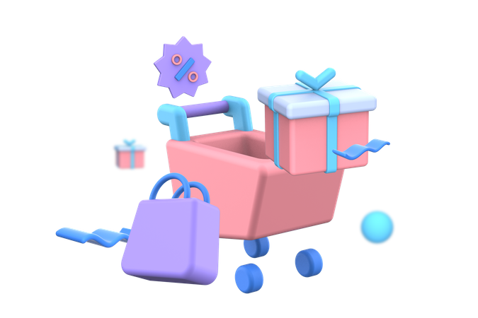 Einkaufswagen mit Geschenkbox  3D Illustration
