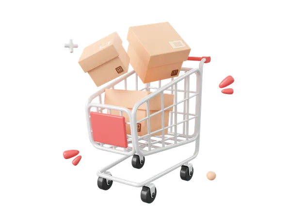 Einkaufswagen Mit Paketkasten 3 D Cartoon Symbol 3D Icon