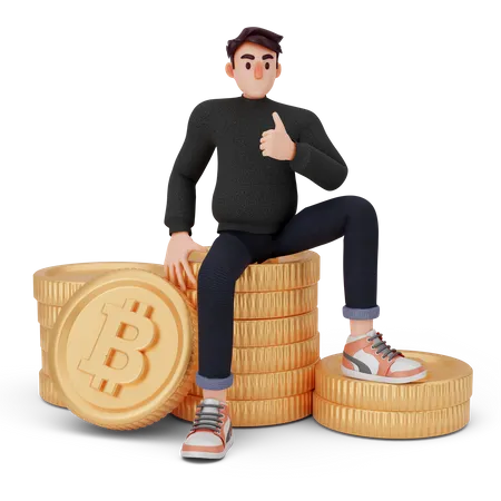 Einzigartiger Typ sitzt auf einem Bitcoin-Stapel  3D Illustration