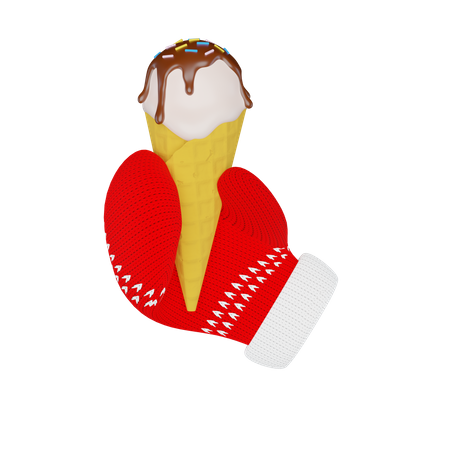 Eistüte in einem gestrickten roten Fäustling  3D Illustration