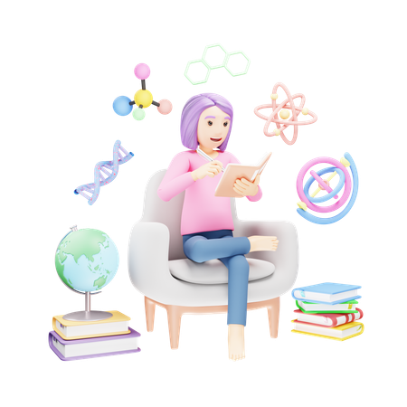 El estudiante está leyendo un libro de ciencias.  3D Icon