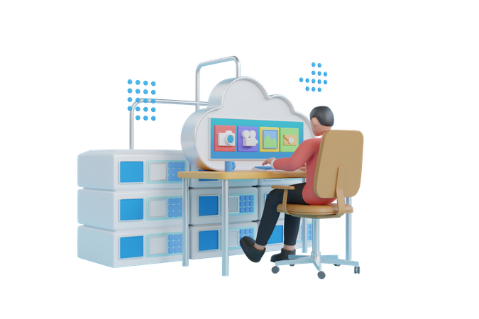El hombre administra la biblioteca de almacenamiento en la nube  3D Icon