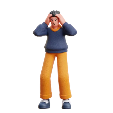 El hombre confundido está de pie con ambas manos en la cabeza  3D Illustration