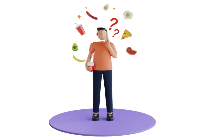 La Ilustracion 3 D Del Hombre Esta Eligiendo Un Estilo De Vida Saludable En Lugar De Comida Chatarra Esta Confundido E Inseguro Sobre Si Seguir Una Dieta Saludable O Disfrutar De Opciones No Saludables 3D Illustration