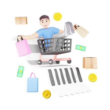 El hombre es feliz mientras hace compras.  3D Illustration