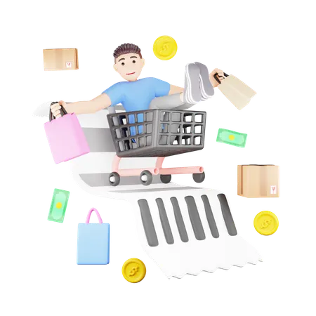 El hombre es feliz mientras hace compras.  3D Illustration