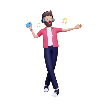 El hombre escucha música mientras baila.  3D Illustration